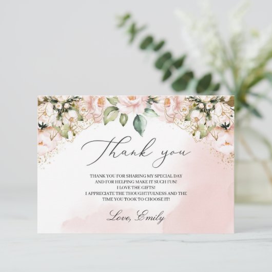 Boho roze bloemige pastel bruiloft feest bedankkaart (Staand voorkant)