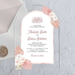 Boho Roze Bloemrijke Boog Moslim Bruiloft Acryl Uitnodigingen