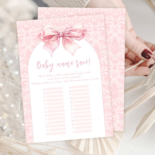 Boho roze boog baby meisje douche naam ras spel Ka Kaart