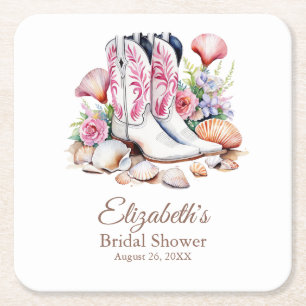 Boho Roze Coastal Cowgirl Boots Vrijgezellenfeest Vierkante Kartonnen Onderzetter