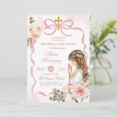 Boho Roze Coquette Pampasgras Eerste Heilige Commu Kaart (Staand voorkant)
