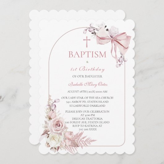 Boho Roze Doop Uitnodiging Meisjes Sjabloon (Voorkant / Achterkant)