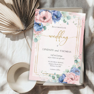 Boho roze en blauwe bloem eucalyptus gouden lijst kaart