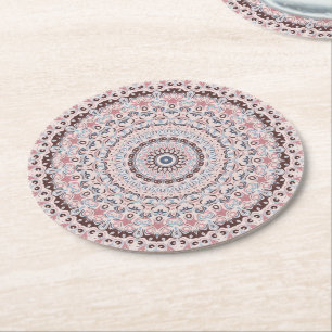 Boho Roze en Blauwe Mandala Patroon Ronde Kartonnen Onderzetter