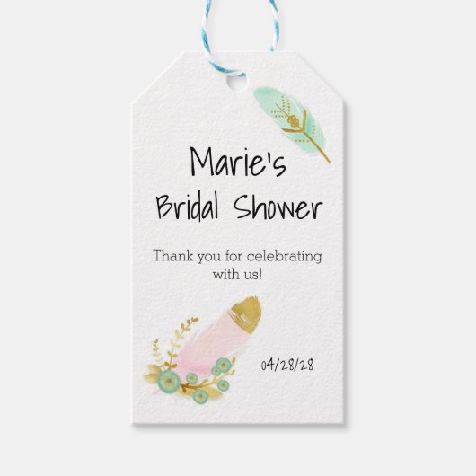 Boho Roze en Gouden Veren Cadeaulabel (Voorkant)