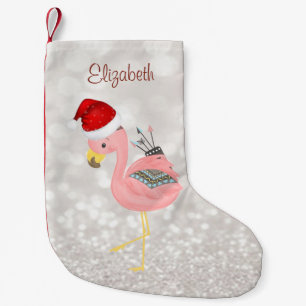 Boho Roze Flamingo Met Kerstman Hoed ,Glitterende  Kleine Kerstsok