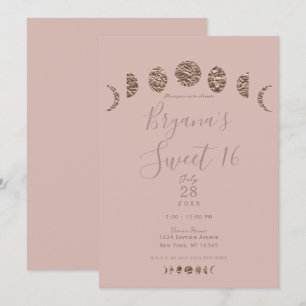 Boho Roze Glans Maanfasen Moderne Sweet 16 Feestje Kaart