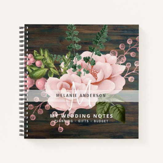 Boho Roze Gouden Rozen Bloemen Trouwplanning Notitieboek (Voorkant)
