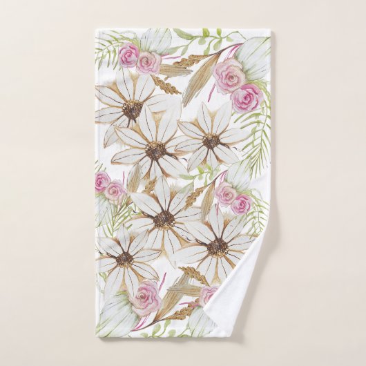 Boho Roze Groen Wit Bruin Bloemig Elegant Trendy Bad Handdoek (Handdoek)