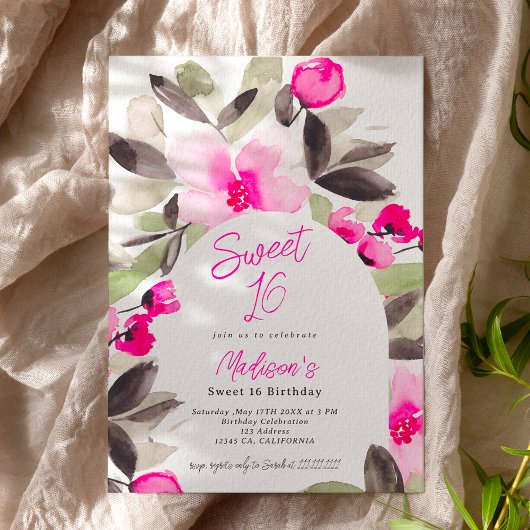 Boho roze groene bloemfoto Sweet 16 Kaart