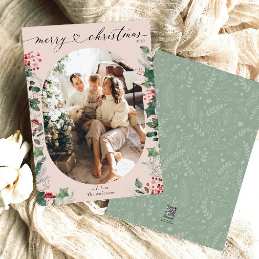 Boho roze groene ovale foto Merry Christmas Kaart