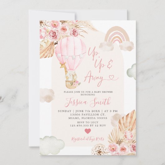 Boho Roze Heet Luchtballon Bloemachtige Baby Showe Kaart (Voorkant)