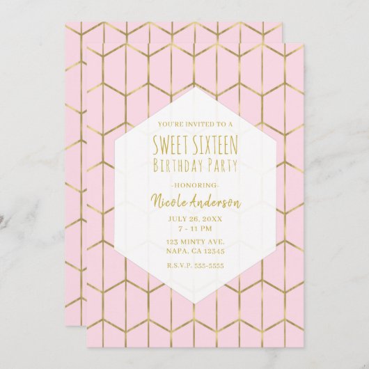 Boho roze hexagon Gold Geometric Glam Sweet 16 Kaart (Voorkant / Achterkant)
