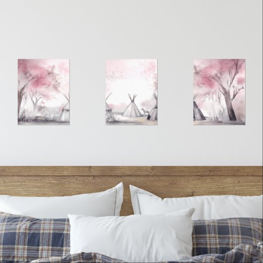 Boho Roze Landschap Wall Art Set van 3 (Slaapkamer)