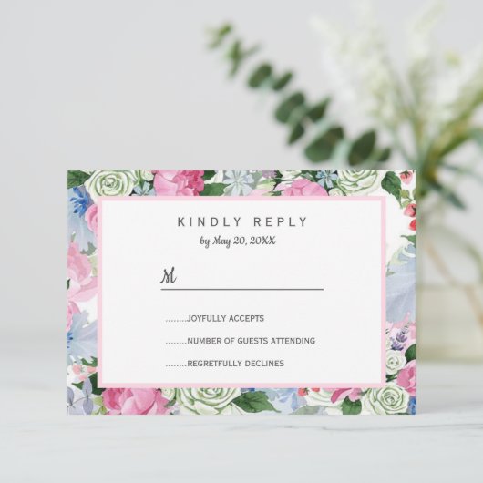 Boho roze lavendel blauwe weide verlaagt Bruiloft RSVP Kaartje (Staand voorkant)