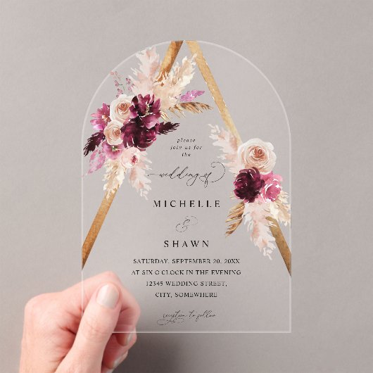 Boho Roze Lijst Pampas Gras Bloemen Trouwboog Acryl Uitnodigingen (Insitu (Draagbaar))