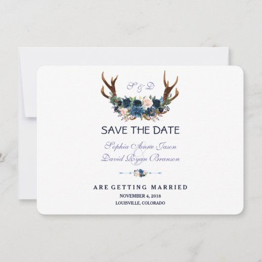 Boho Roze Navy Blauw Bloemantenne Save The Date (Voorkant)