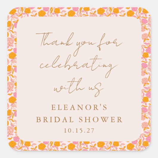 Boho Roze Oranje Bloem Bruiloft Dank Je Vierkante Sticker (Voorkant)