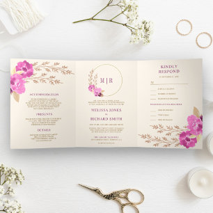Boho Roze Orchidee Bloem All In One Ivoorkleurige  Drieluik Uitnodiging