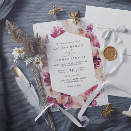 Boho Roze Pampasgras Bloemencode QR Code Trouwen Kaart
