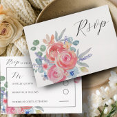 Boho Roze Roos Bloemen Waterverf Trouwen RSVP Kaar Kaartje