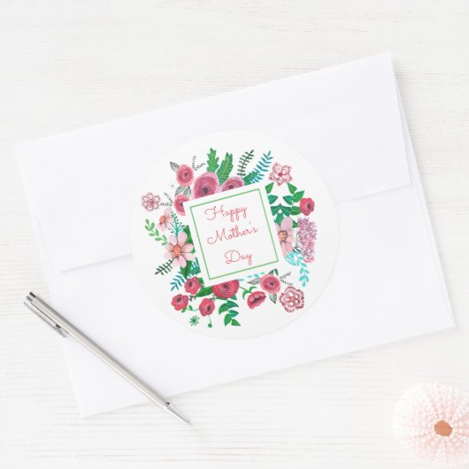 Boho roze roze moederdag tekening ronde sticker (Envelop)
