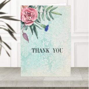 Boho roze rozen groen damast bruiloft bedankkaart