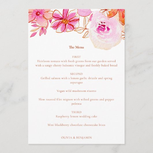 Boho Roze Sinaasappel Bloemen Chique Custom Bruilo Menu (Voorkant)