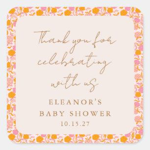 Boho Roze Sinaasappel Bloemen Schattige Baby showe Vierkante Sticker