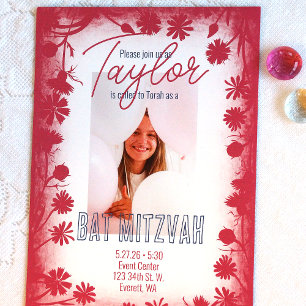 Boho Roze Wild Flowers Lijst, Bat Mitzvah Foto Kaart