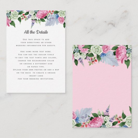 Boho roze witte lavendel bloemen bruiloft details informatiekaartje (Voorkant / Achterkant)