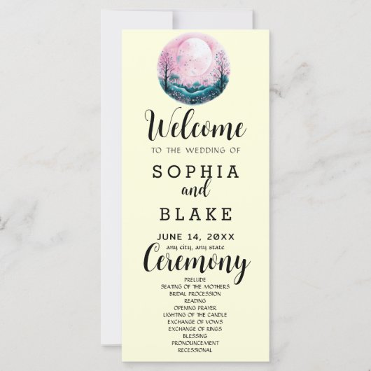 Boho Roze & Witte Volle Maan Gele Trouwprogramma (Voorkant)
