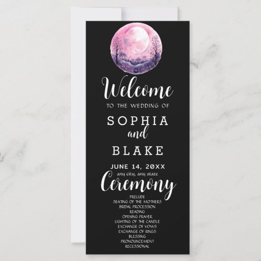 Boho Roze & Witte Volle Maan Zwarte Trouwprogramma (Voorkant)