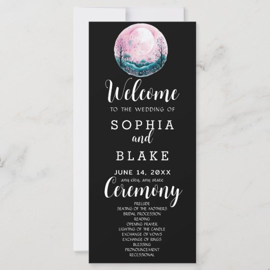 Boho Roze & Witte Volle Maan Zwarte Trouwprogramma (Voorkant)