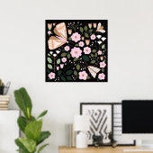 Boho roze zwarte korrelige vlinder poster (Thuiskantoor)