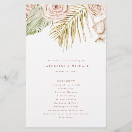 Boho Rozen and Tropical Leaves Wedding Programme (Voorkant)