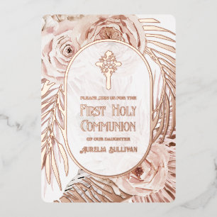 Boho Rozen Bloemkruis Eerste Heilige Communie Foli Folie Uitnodiging