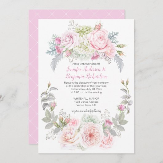 Boho Rozen Hydrangeas Bloemenbruiloft Uitnodiginge Kaart (Voorkant / Achterkant)