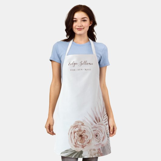 Boho rozen schoonheidsberoeps schort (Gedragen)