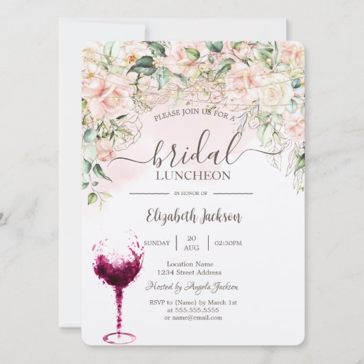 Boho Rozen, wijnglas bruids lunch Kaart (Voorkant)