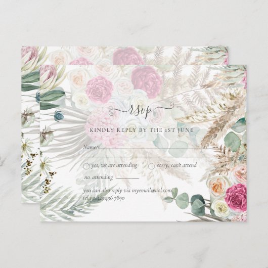 Boho RSVP Roze Bloem Pampas Gras Bruiloft Briefkaart (Voorkant / Achterkant)
