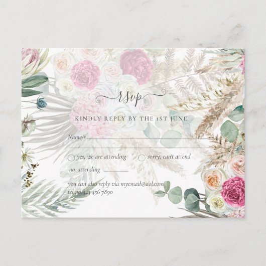 Boho RSVP Roze Bloem Pampas Gras Bruiloft Briefkaart (Voorkant)