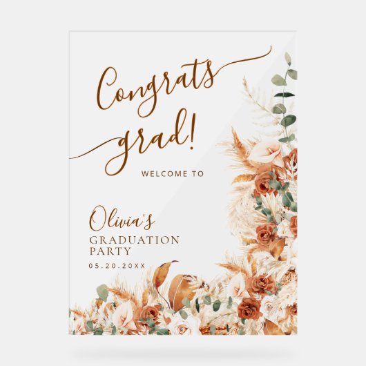 Boho Rust Bloemen Acryl Afstuderen Welkomstbord Acryl Bord (Voorkant)