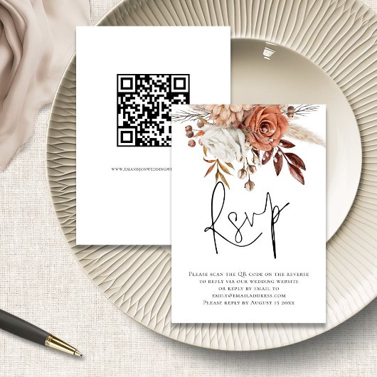 Boho Rust Bloemen Script QR Code Trouwen RSVP kaar Informatiekaartje