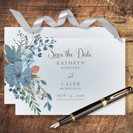 Boho Rust & Blue Floral Save the Date Kaart