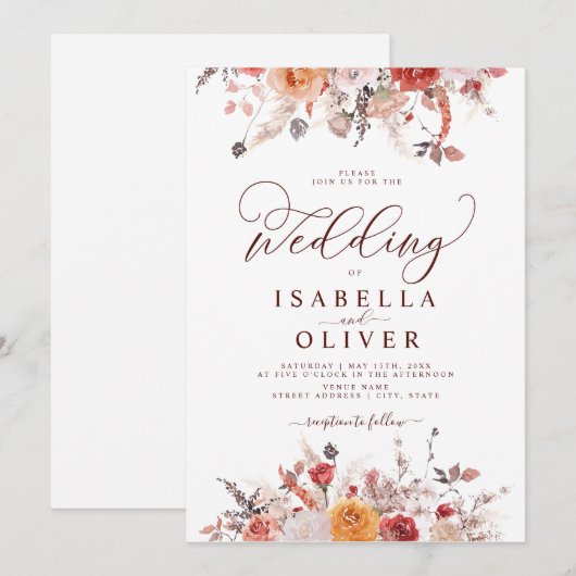 Boho Rust Burnt Oranje Terracotta Marsala Wedding Kaart (Voorkant / Achterkant)