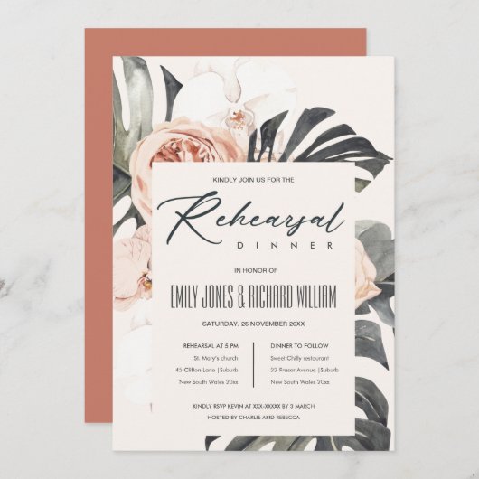 BOHO RUST FLORAL MONSTRERA REHERSAL DINNER INVITE BEDANKKAART (Voorkant / Achterkant)