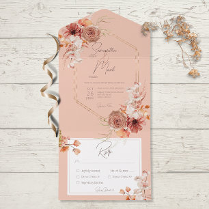 Boho Rust Herfst Floral op Peach Dinner All In One Uitnodiging