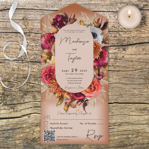 Boho Rust Modern Floral Wreath QR Code All In One Uitnodiging