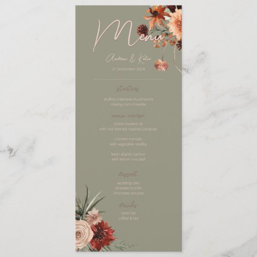Boho Rust & Neutral Herfst Bloemen Groen Bruiloft Menu (Voorkant)